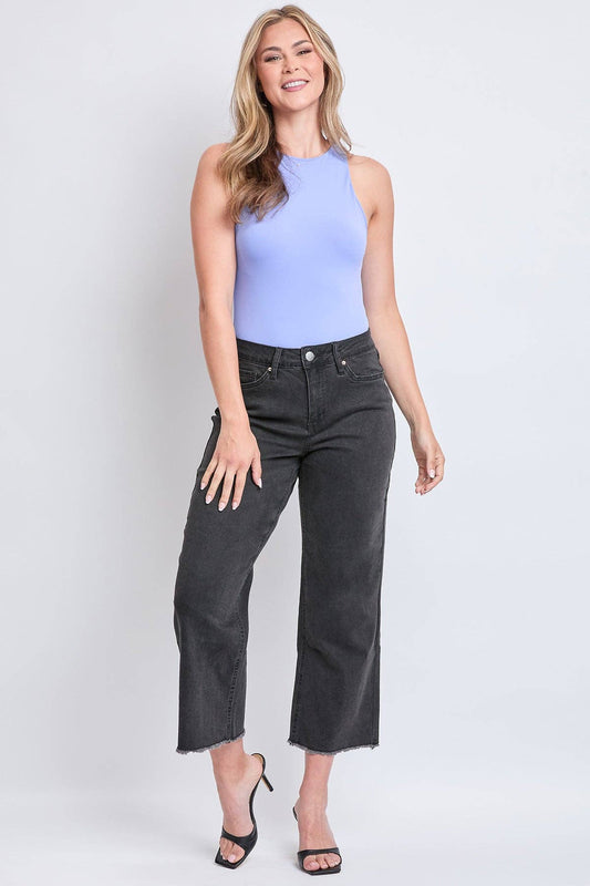High Rise Wide Leg Crop Raw Hem Jean-Black