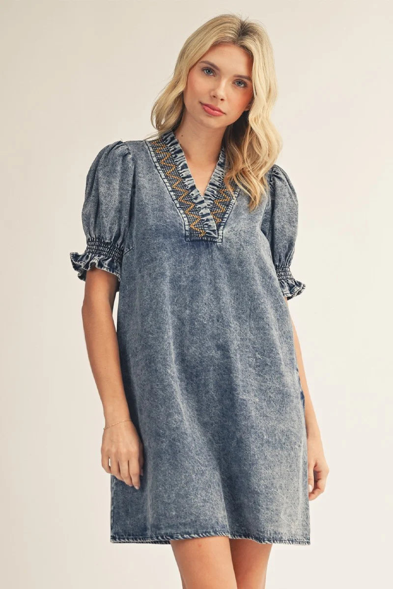 Embroidered V-Neck Washed denim dress