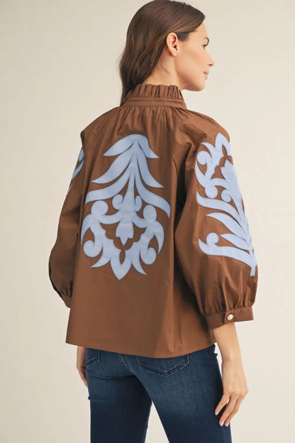 The Evie Baroque Applique Detail Top with Ruffled Neckline