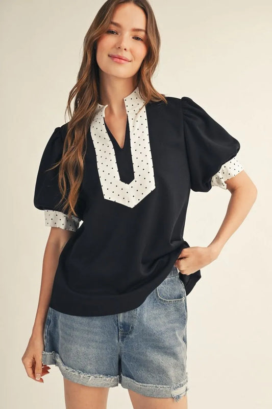 The Jade Black Polka Dot Contrast Blouse