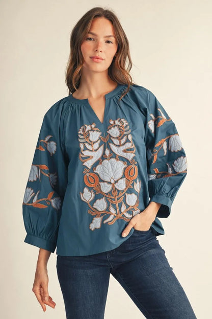 The Lilly Teal Applique Blouse
