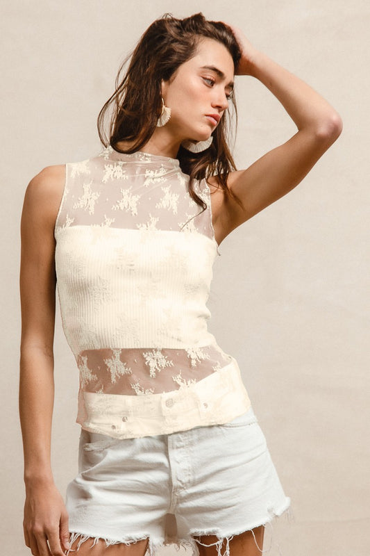 Off White High Neckline Mesh Lace Sleeveless Top