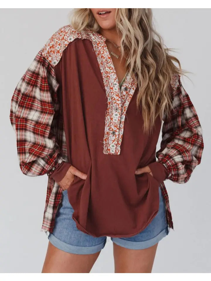 Floral Plaid Patchwork Raw Edge Top