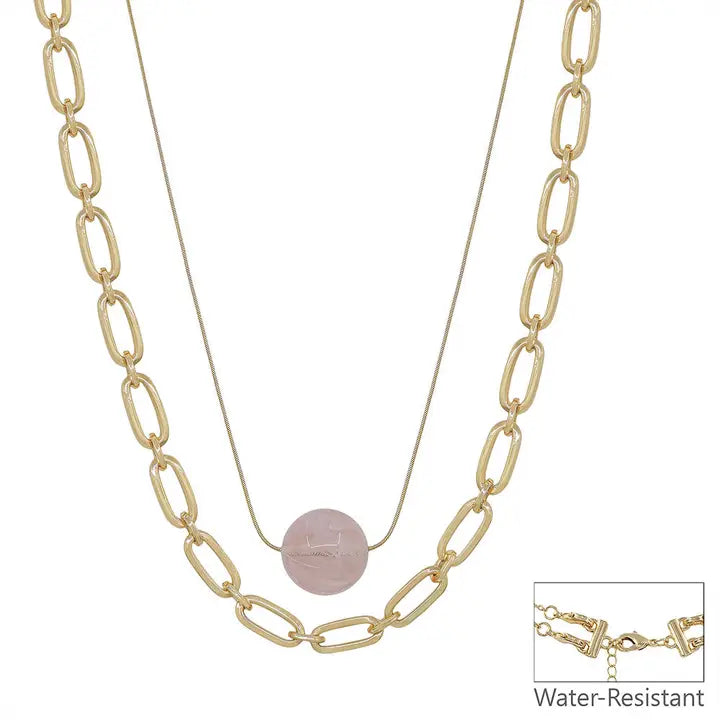 20mm Pink Acrylic Bead and Gold Chain Layered 16"-18" Necklace