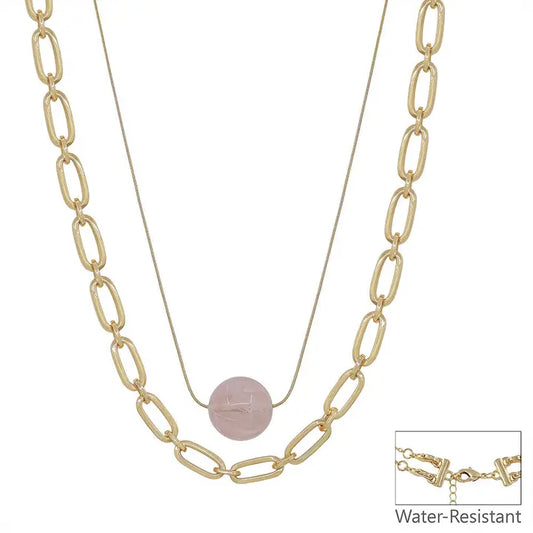20mm Pink Acrylic Bead and Gold Chain Layered 16"-18" Necklace