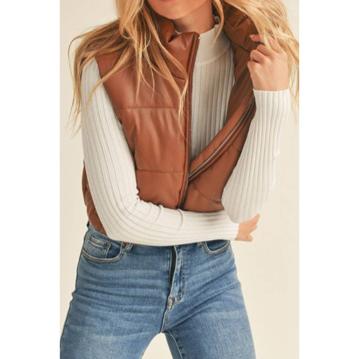 FAUX LEATHER HIGH NECK ZIP UP PUFFER VEST