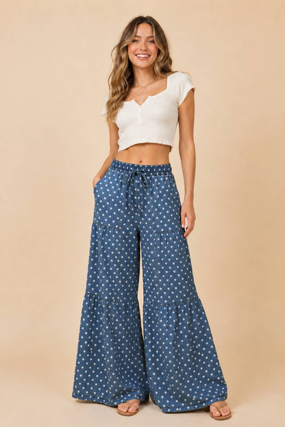 Polka Dot Tiered Palazzo Pants - Denim