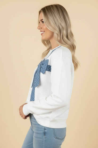 Polka Dot 3D Bow Front Crew Neck Sweatshirt