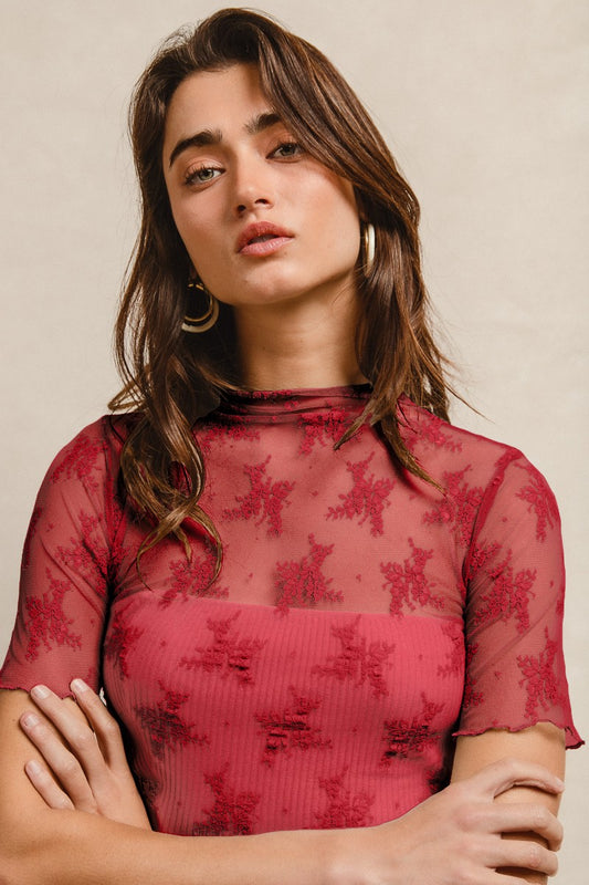 Red High Neckline Mesh Short Sleeve Top