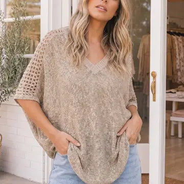 Open Weave V-Neck Batwing Sweater