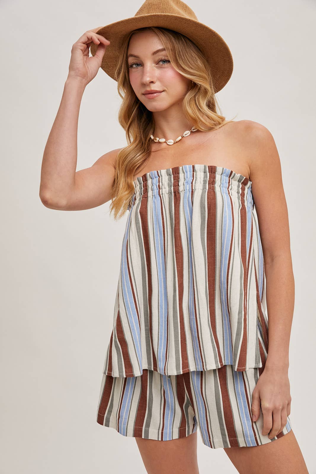 CORFU STRIPED SLEEVELESS SMOCKED TOP & SHORTS SET: NAVY COMBO / SMALL