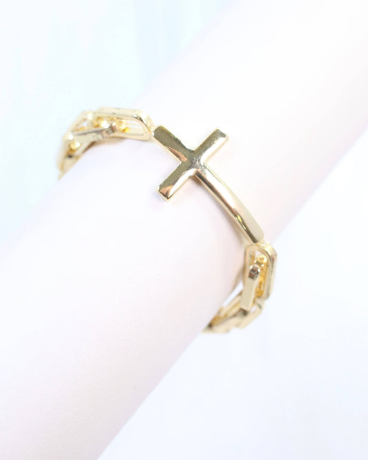 Amelia Link and Large Cross Stretch Bracelet Gold