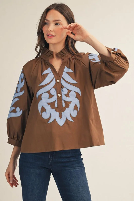 The Evie Baroque Applique Detail Top with Ruffled Neckline