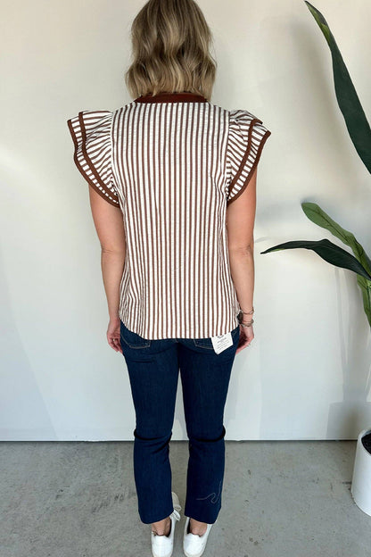 Khaki Stripe Double Ruffled Short Sleeve V Neck Blouse