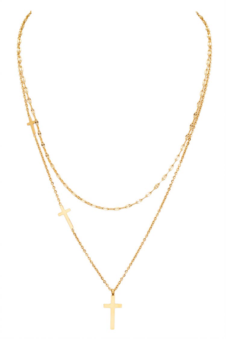 Double Cross Charm Layered Pendant Necklace