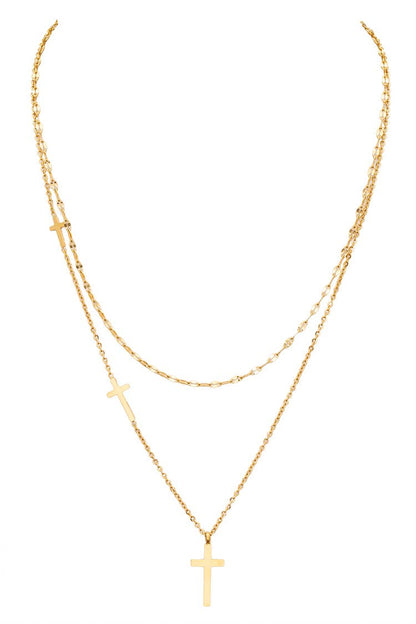 Double Cross Charm Layered Pendant Necklace