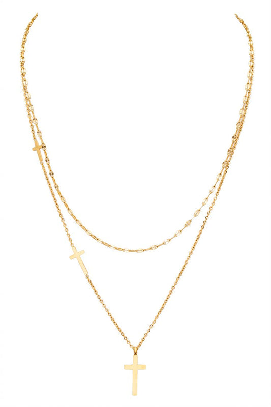 Double Cross Charm Layered Pendant Necklace