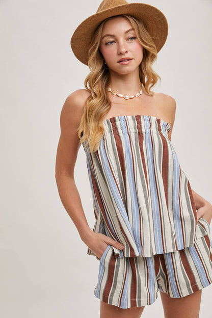 CORFU STRIPED SLEEVELESS SMOCKED TOP & SHORTS SET: NAVY COMBO / SMALL