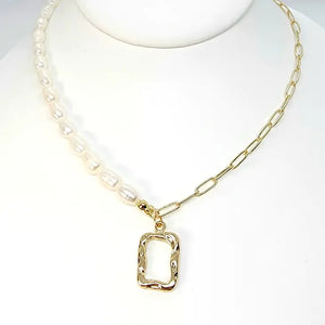 Pearl Gold Chain Rectangle Pendant Necklace