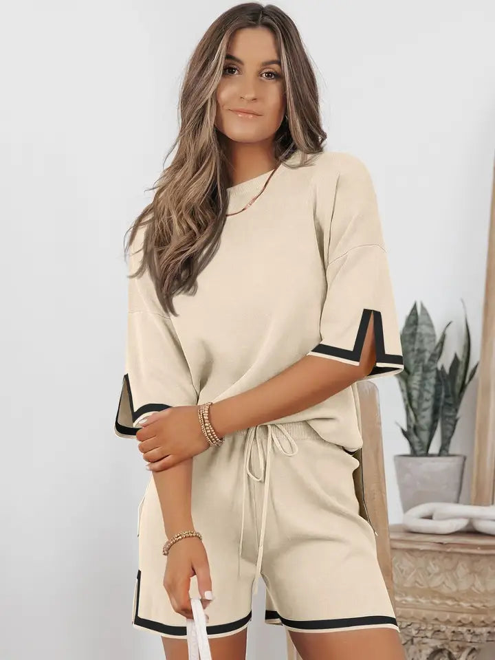 Contrast Trim Ribbed Knit Shorts Set