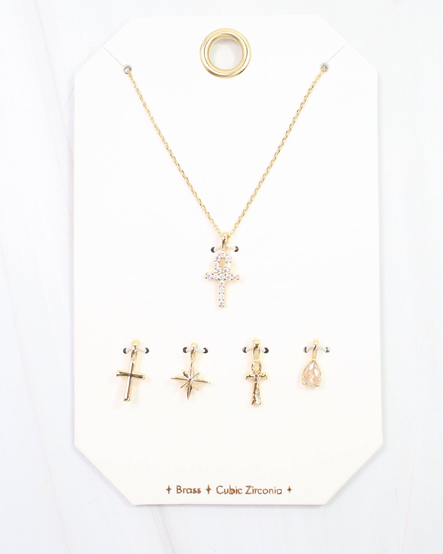Ankh and Cross Charm Necklace Set Gold