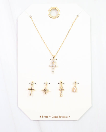 Ankh and Cross Charm Necklace Set Gold