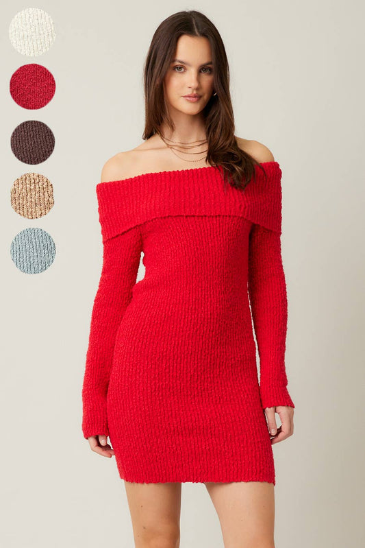 Off the Shoulder red Sweater Mini Dress