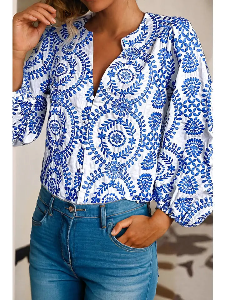 Boho Vintage Printed Puff Sleeve Slit V Neck Shirt