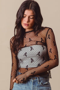 Umgee Ribbon Patterned Lace Top in Black