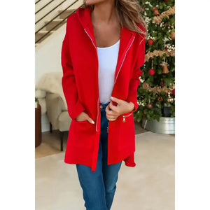 Red Solid Color Casual Zip Up Hooded Coat