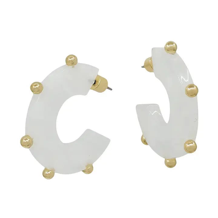 White Acrylic with Gold Studded Accents 1.25" Hoop Earring