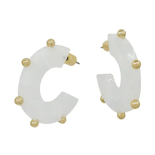 White Acrylic with Gold Studded Accents 1.25" Hoop Earring