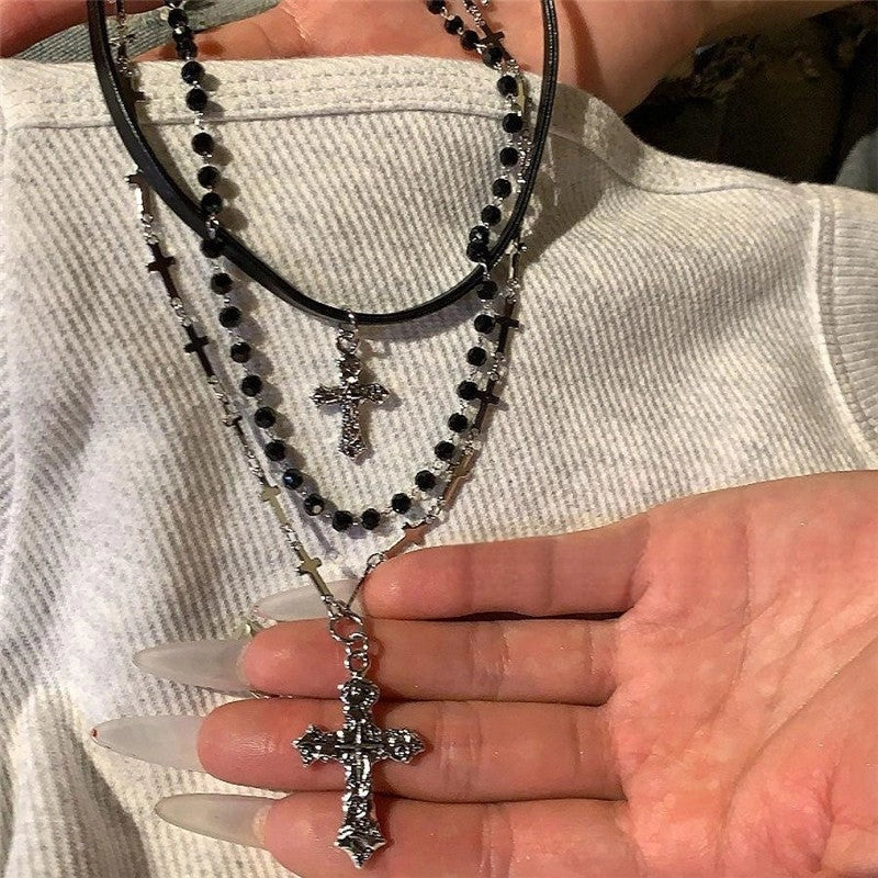 Leather Crystal Cross Pendant Triple Layer Necklace