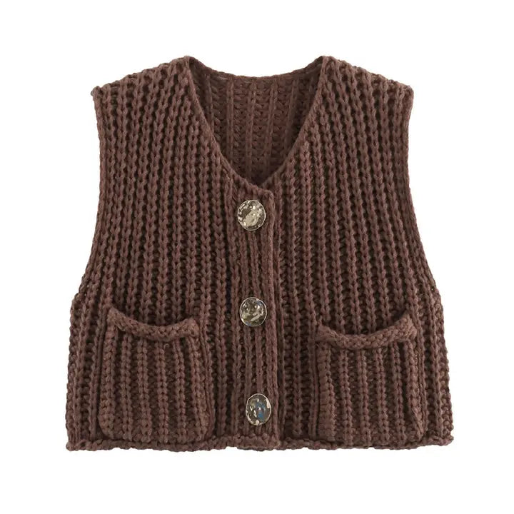 Brown Solid Color Buttoned Crew Neck Crop Sweater Vest