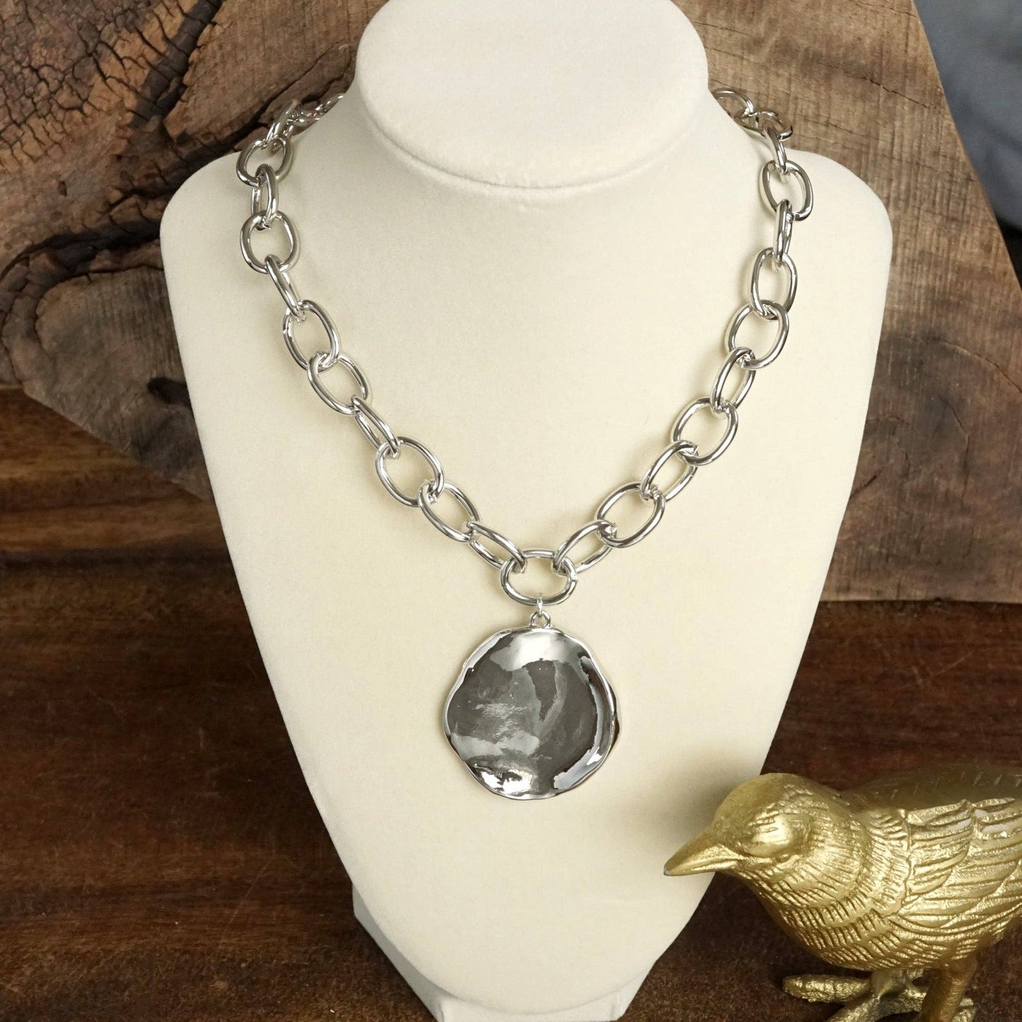 Chunky Chain & Hammered Disc Statement Necklace – Gold or Silver Tone