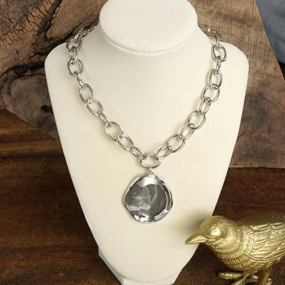 Chunky Chain & Hammered Disc Statement Necklace – Gold or Silver Tone