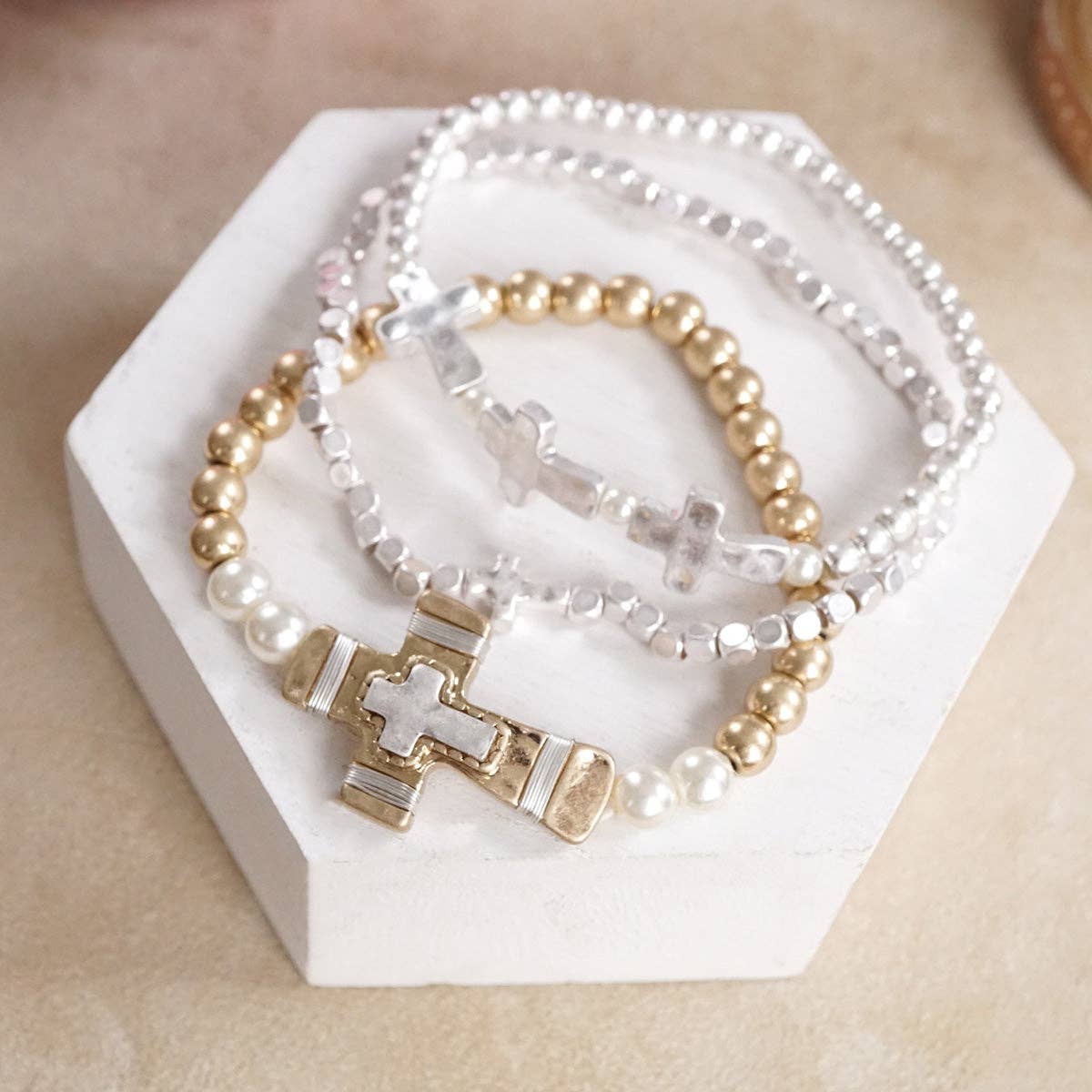 Faithful Trio – Boho Cross Stretch Bracelet Set