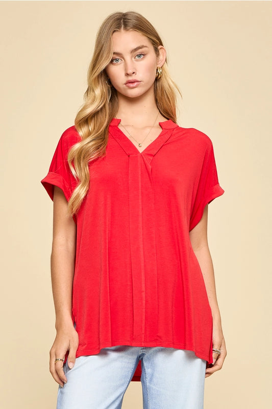 Wrinkle-Free Red Pleated Lizzy Blouse