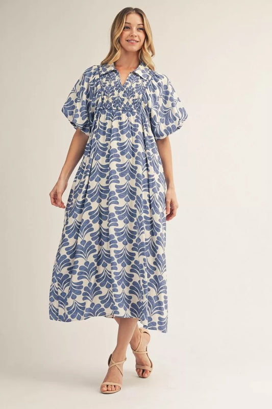 The Laurie Blue Smocked Boho Floral Midi Dress