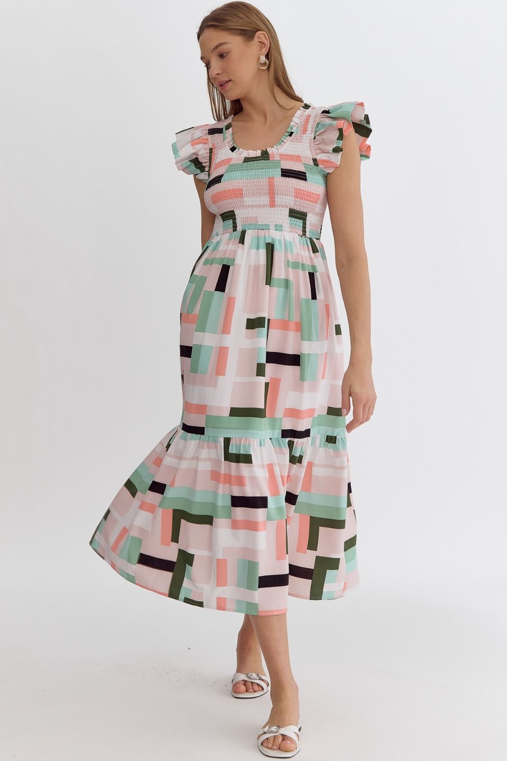 Entro Printed Smocked Midi Dress