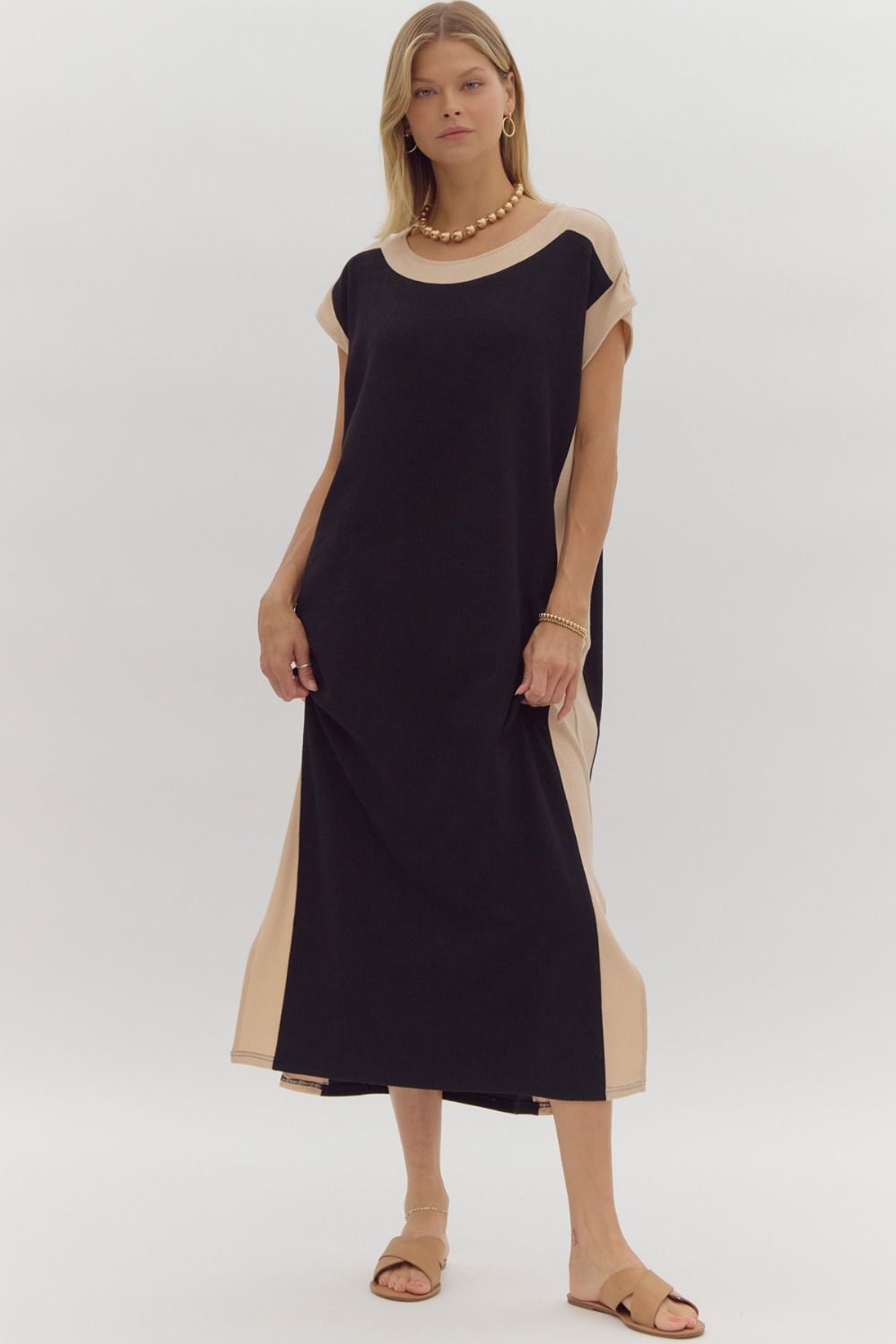 Black Contrast Solid Ribbed Cap Sleeve Midi Dress