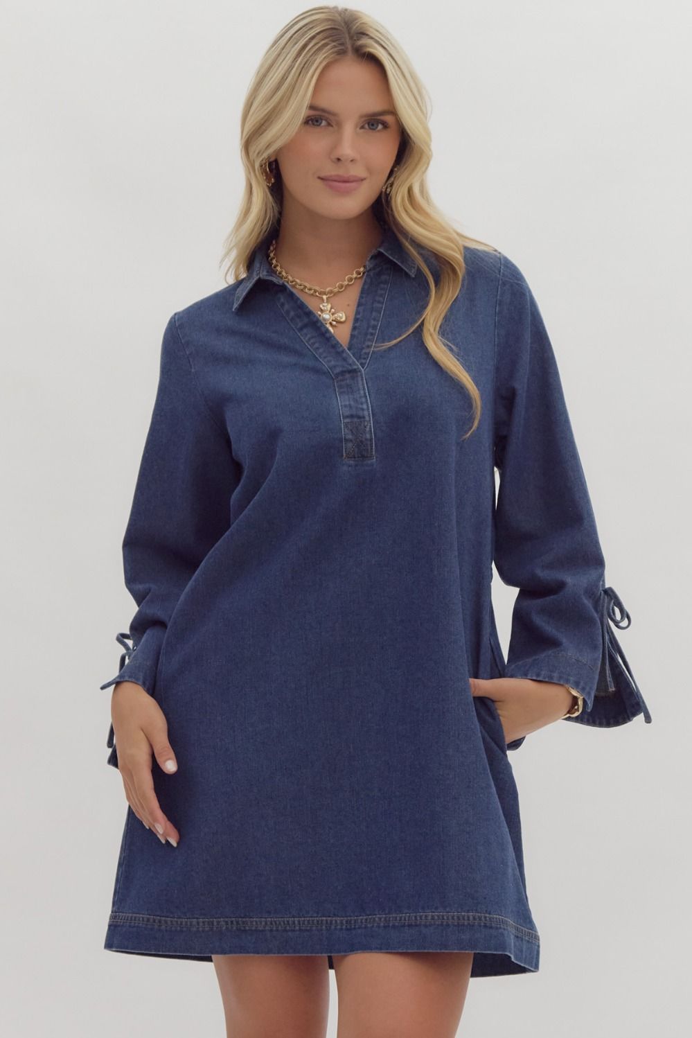 Entro Solid Denim Long Sleeved Pullover Dress with Side Pockets