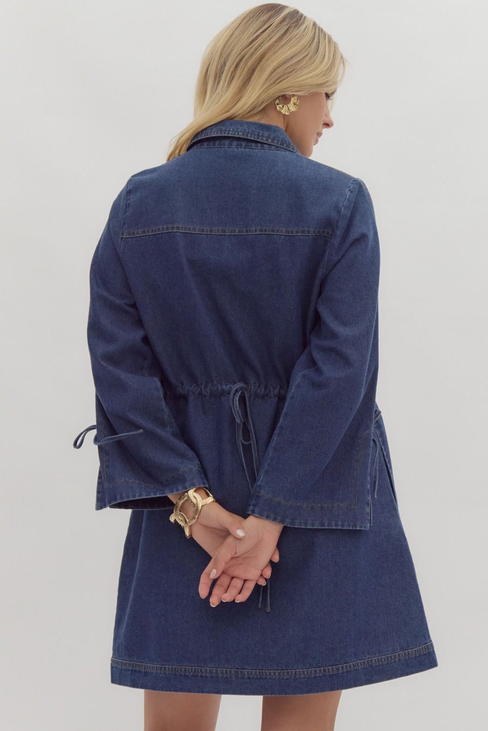 Entro Solid Denim Long Sleeved Pullover Dress with Side Pockets