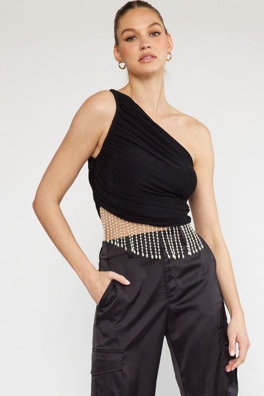 Entro One Shoulder Pearl Fringe Top