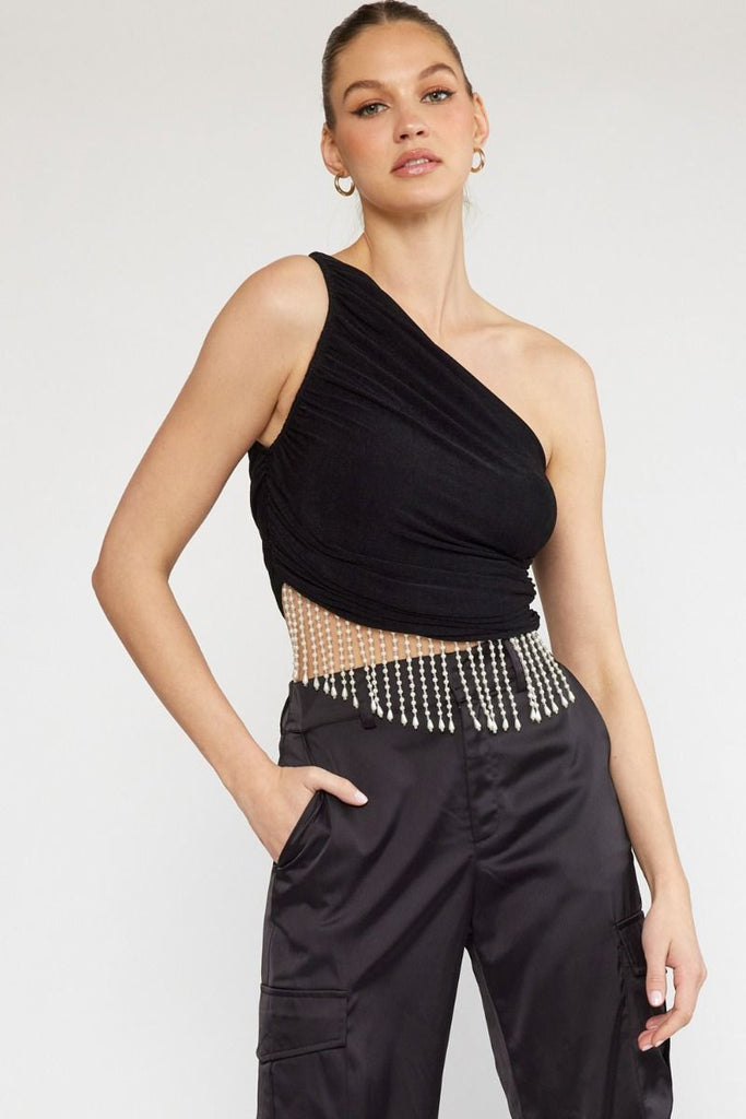 Entro One Shoulder Pearl Fringe Top – Glamorouspeachboutique