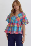 Plaid print v-neck ruffle sleeve babydoll