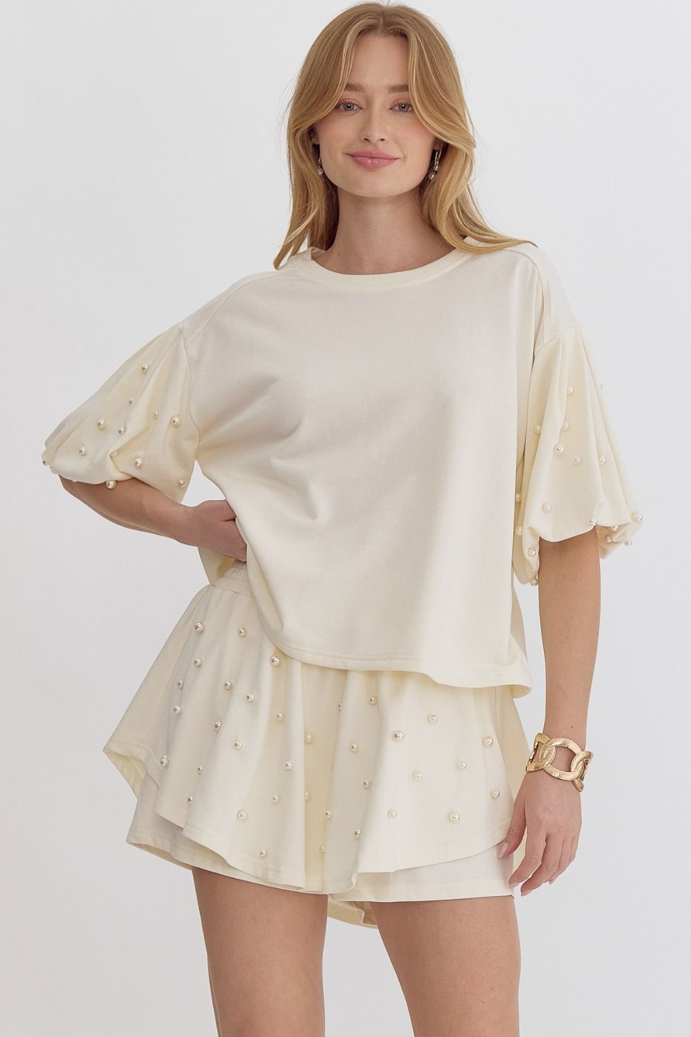 The Cream Puff Sleeve Pearl Top