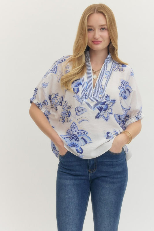 The Ashley Blue Floral Contrast Top