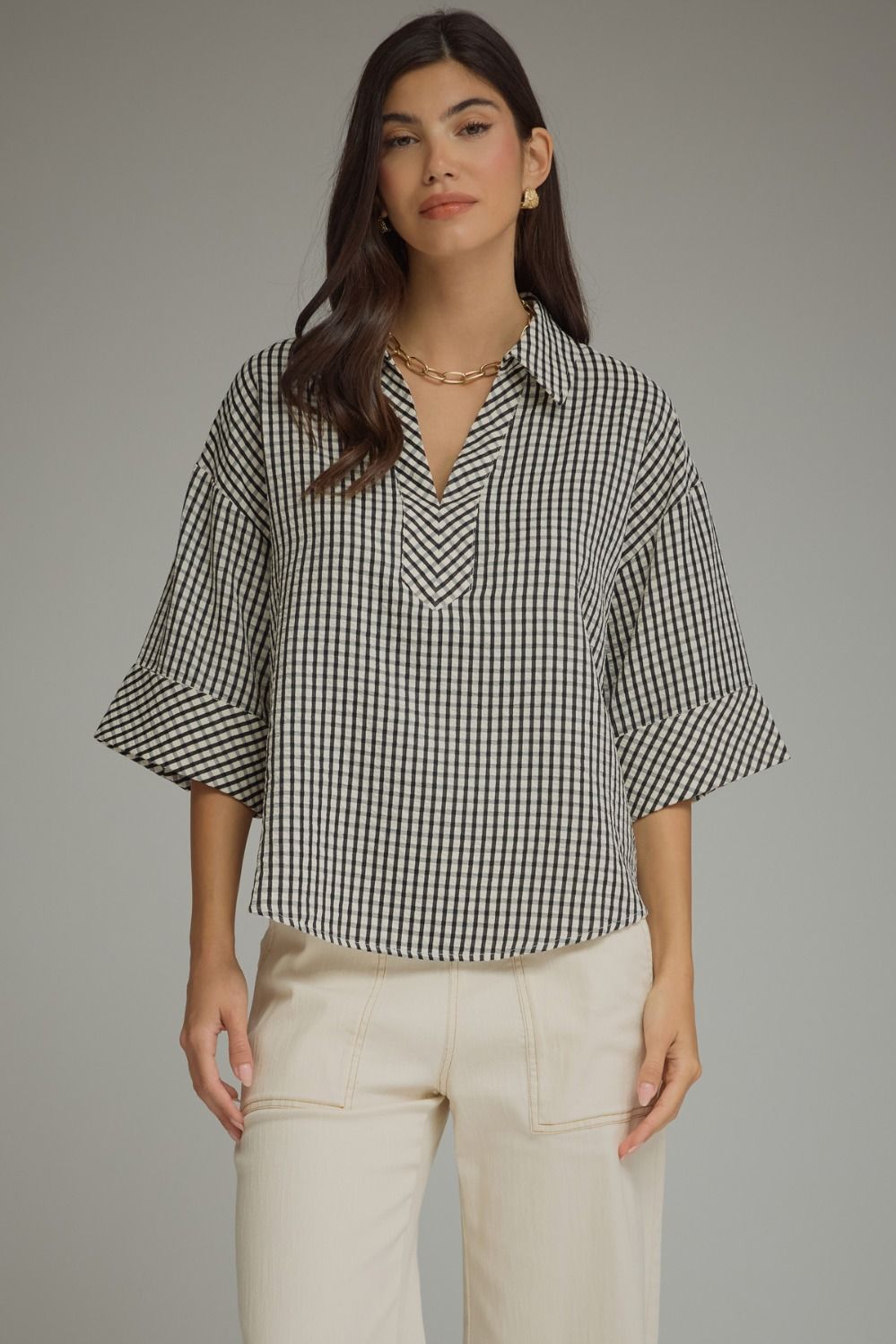 The Quin Black and Cream Gingham Blouse