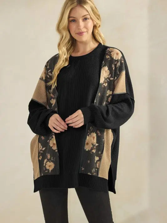 Black Long Sleeve Solid and Floral Urban Rib Top